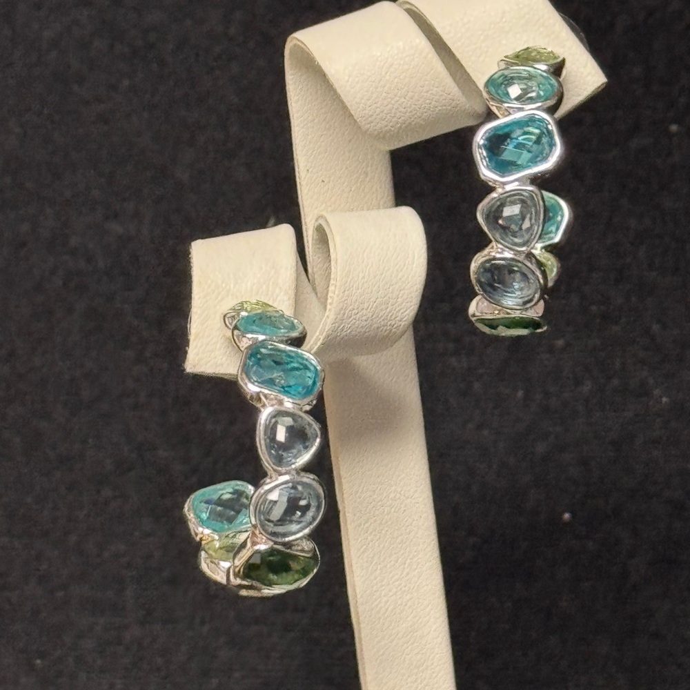 Anne Klein Silver Earrings with Aqua and Olive Stones Open Hoop 1.25 inch